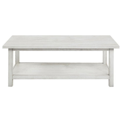 Ayne Coffee Table, 1 Bottom Shelf, Distressed White Wood, 47 Inch