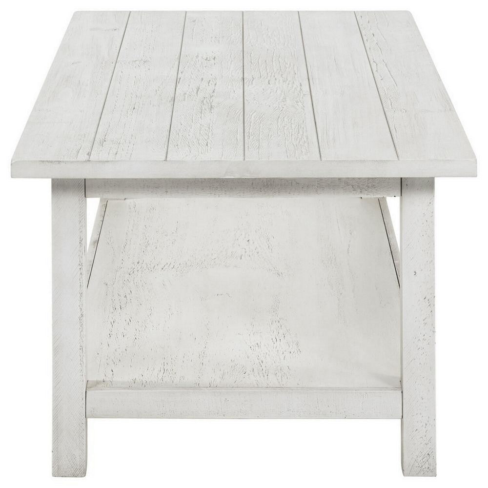 Ayne Coffee Table, 1 Bottom Shelf, Distressed White Wood, 47 Inch