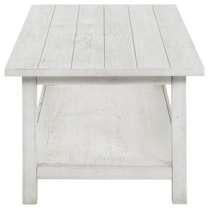 Ayne Coffee Table, 1 Bottom Shelf, Distressed White Wood, 47 Inch