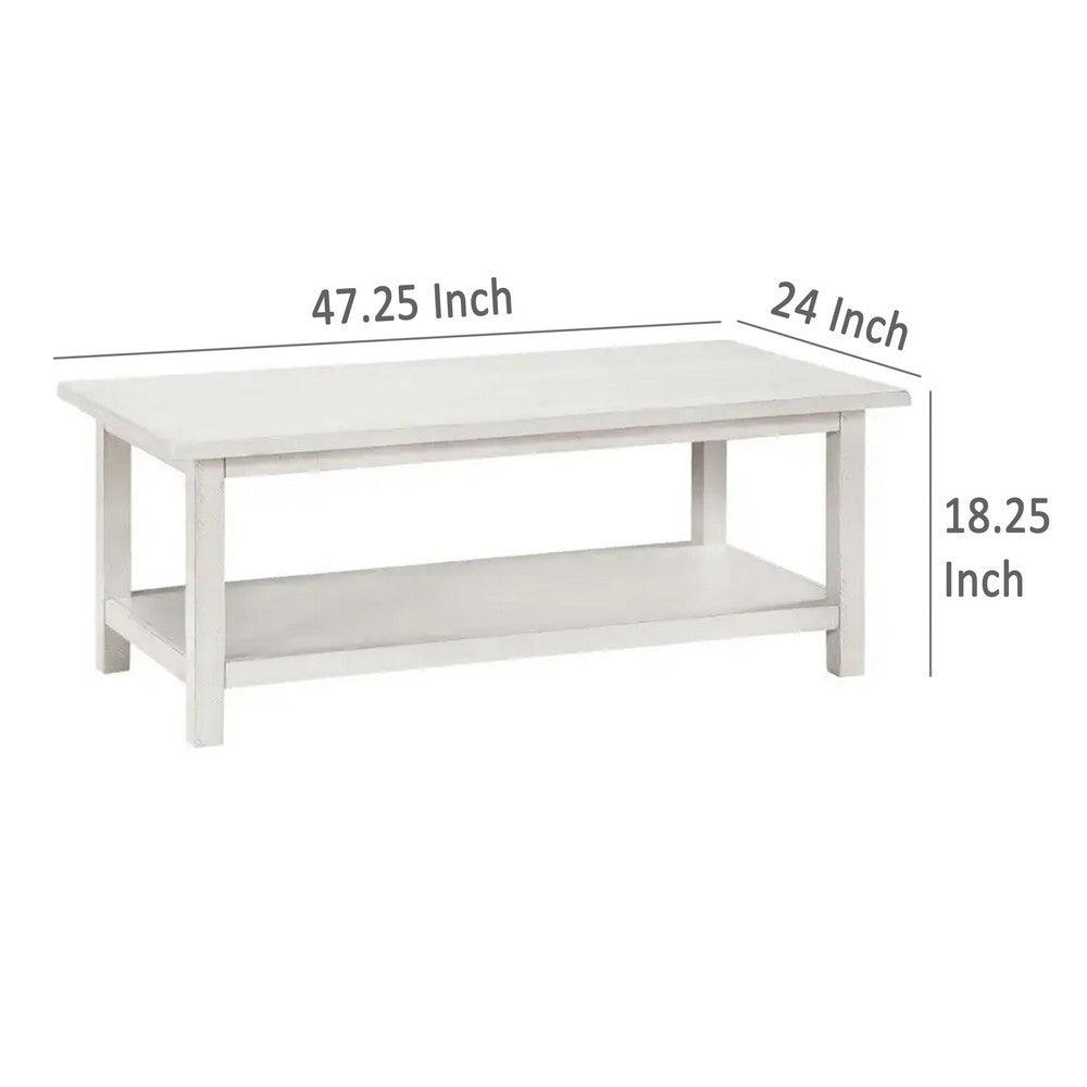 Ayne Coffee Table, 1 Bottom Shelf, Distressed White Wood, 47 Inch