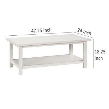 Ayne Coffee Table, 1 Bottom Shelf, Distressed White Wood, 47 Inch