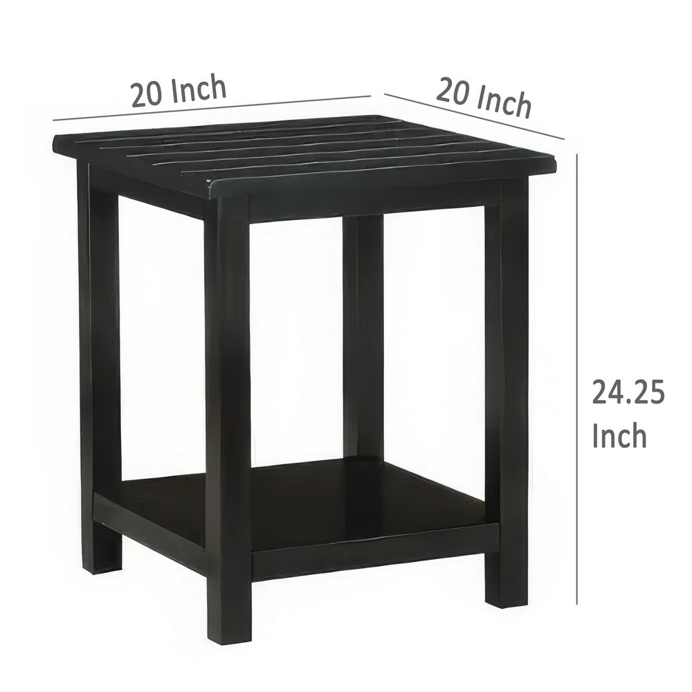 Ayne Side End Table, 1 Bottom Shelf, Black Wood Frame, Square 20 Inch