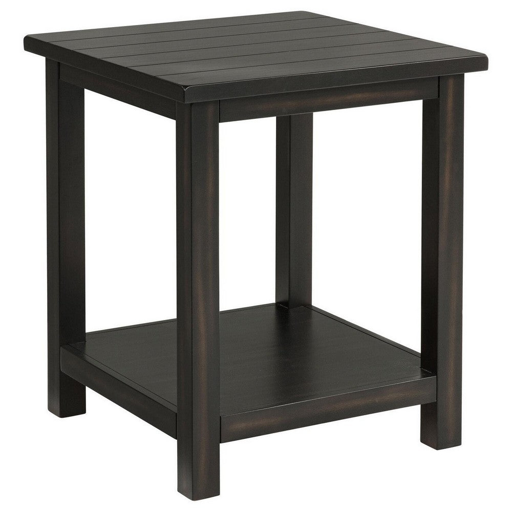 Ayne Side End Table, 1 Bottom Shelf, Black Wood Frame, Square 20 Inch