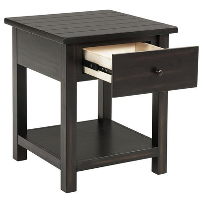 Ayne Side End Table, 1 Shelf, 1 Drawer, Black Wood, Square 20 Inch