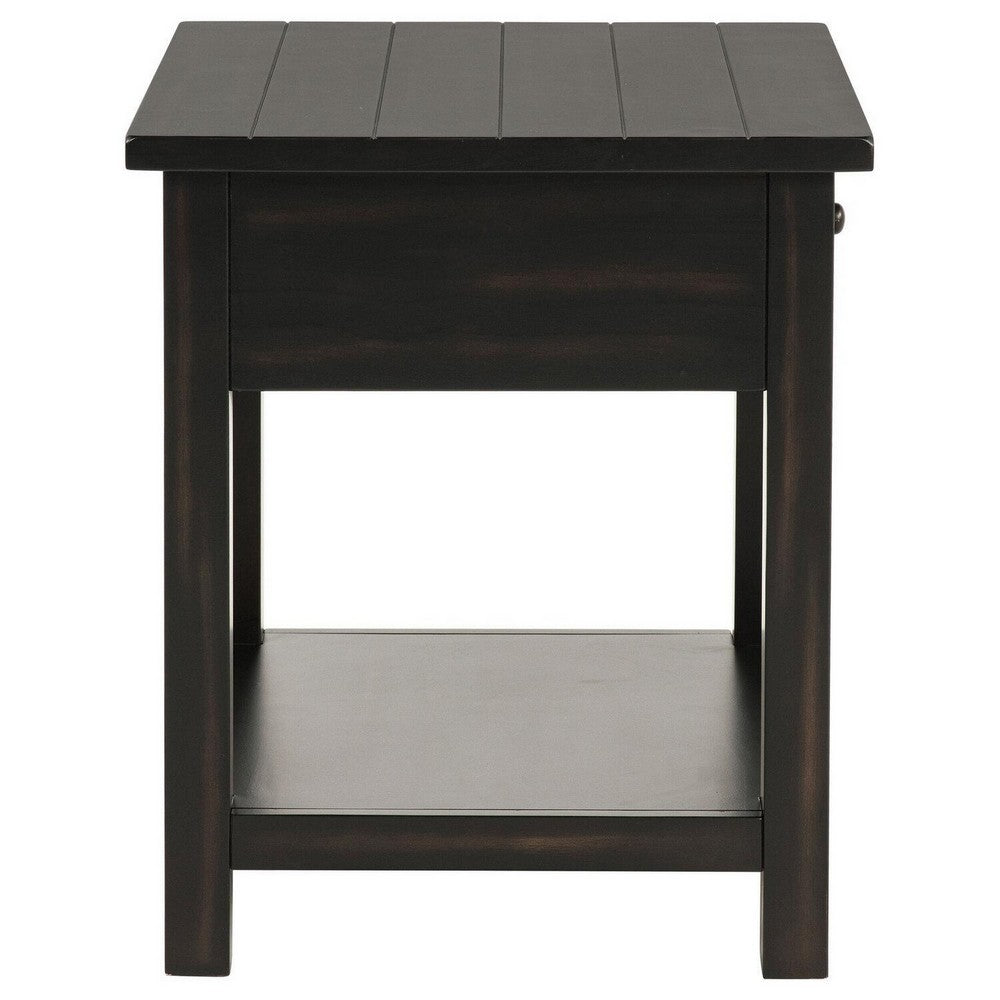 Ayne Side End Table, 1 Shelf, 1 Drawer, Black Wood, Square 20 Inch