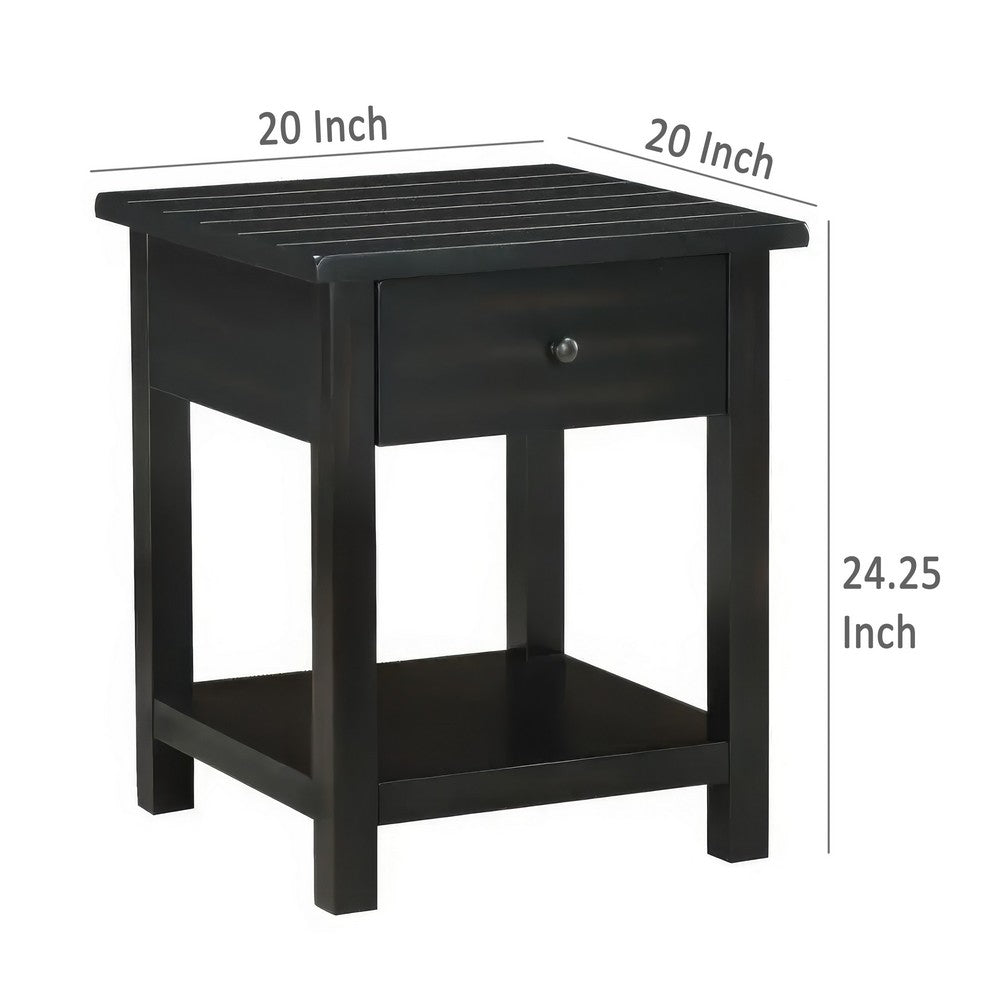 Ayne Side End Table, 1 Shelf, 1 Drawer, Black Wood, Square 20 Inch
