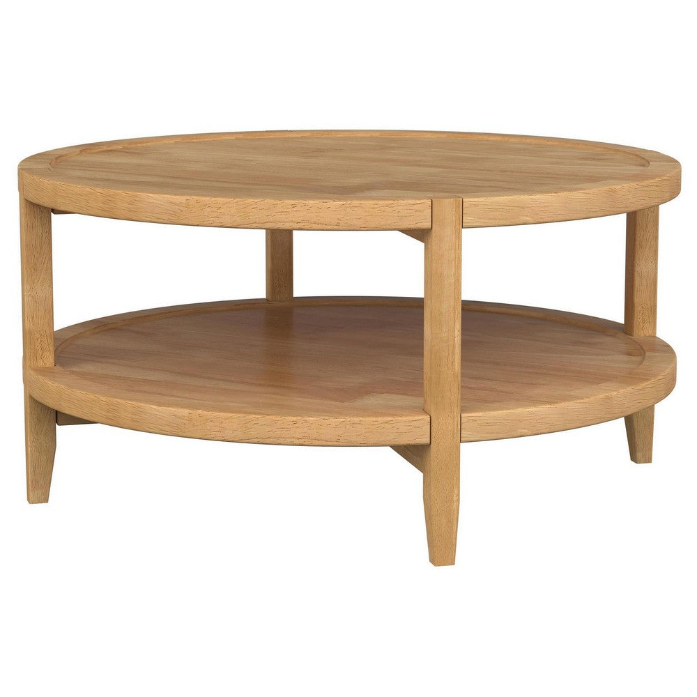 Camilia Coffee Table, 1 Shelf, Round Maple Brown Solid Wood, 36 Inch