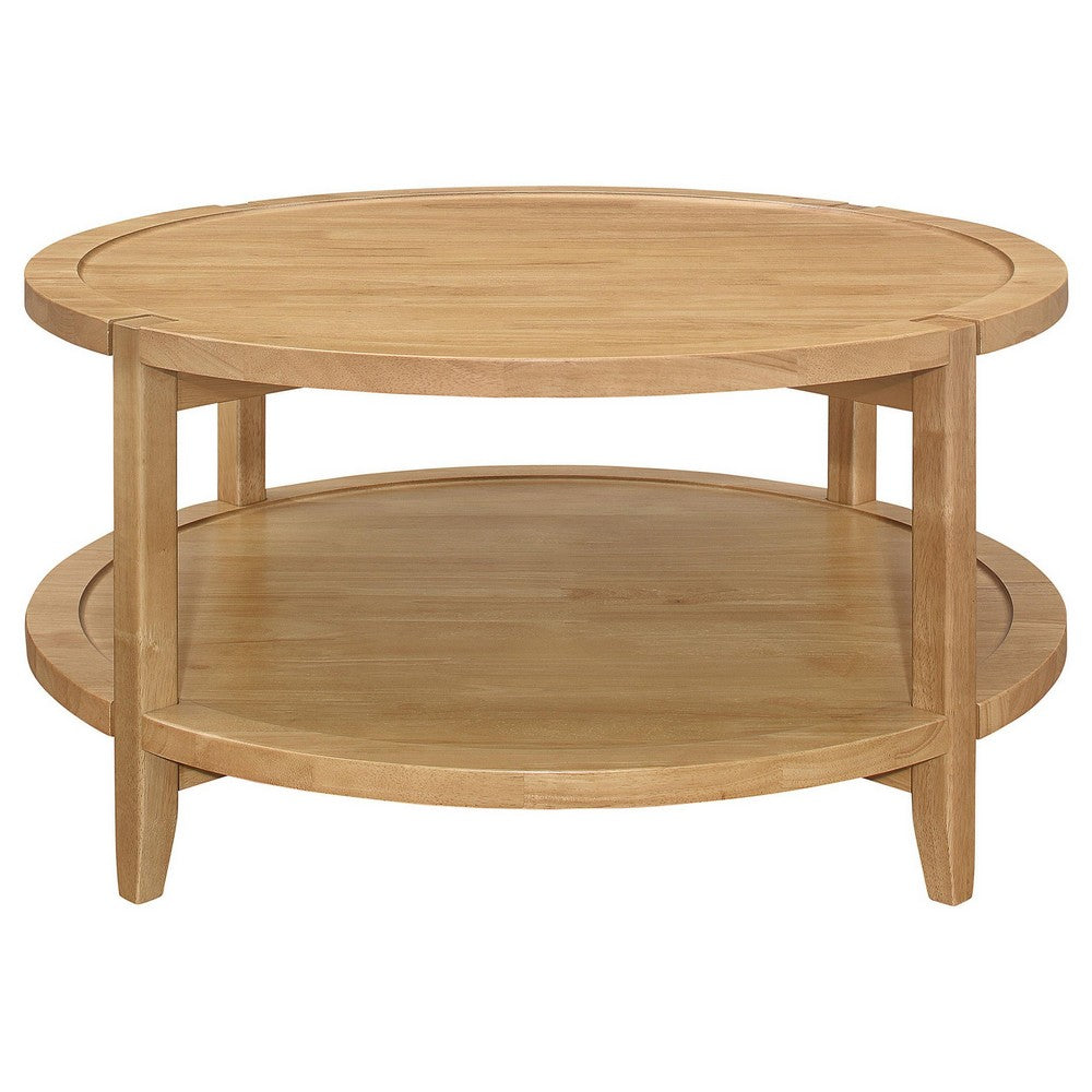 Camilia Coffee Table, 1 Shelf, Round Maple Brown Solid Wood, 36 Inch