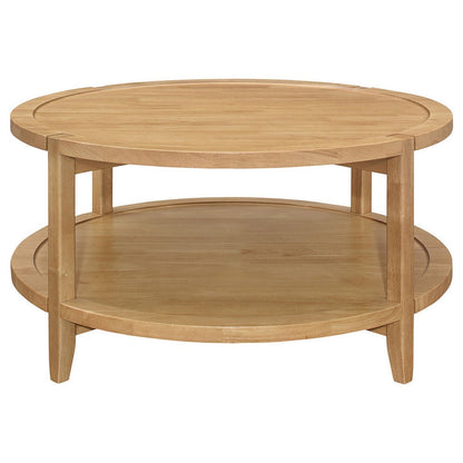 Camilia Coffee Table, 1 Shelf, Round Maple Brown Solid Wood, 36 Inch