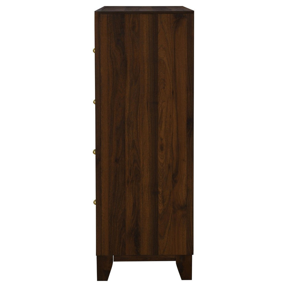 Yels Tall Dresser Chest with 4 Drawers, Gold Metal Knobs, Walnut Brown