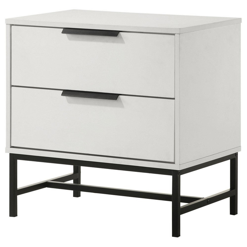 Noro Nightstand, 24 Inch, 2 Storage Drawers, Modern White, Black Metal