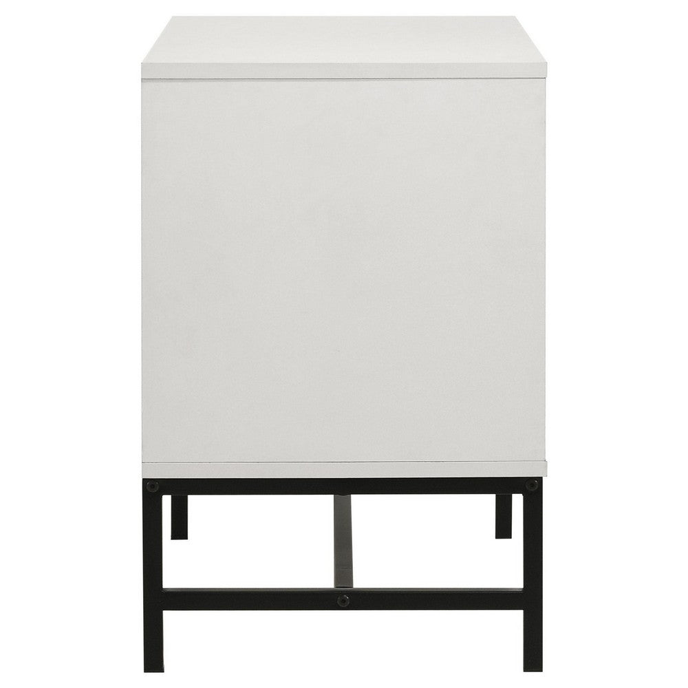 Noro Nightstand, 24 Inch, 2 Storage Drawers, Modern White, Black Metal