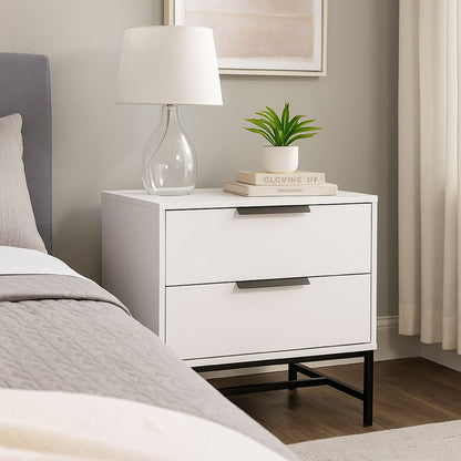 Noro Nightstand, 24 Inch, 2 Storage Drawers, Modern White, Black Metal