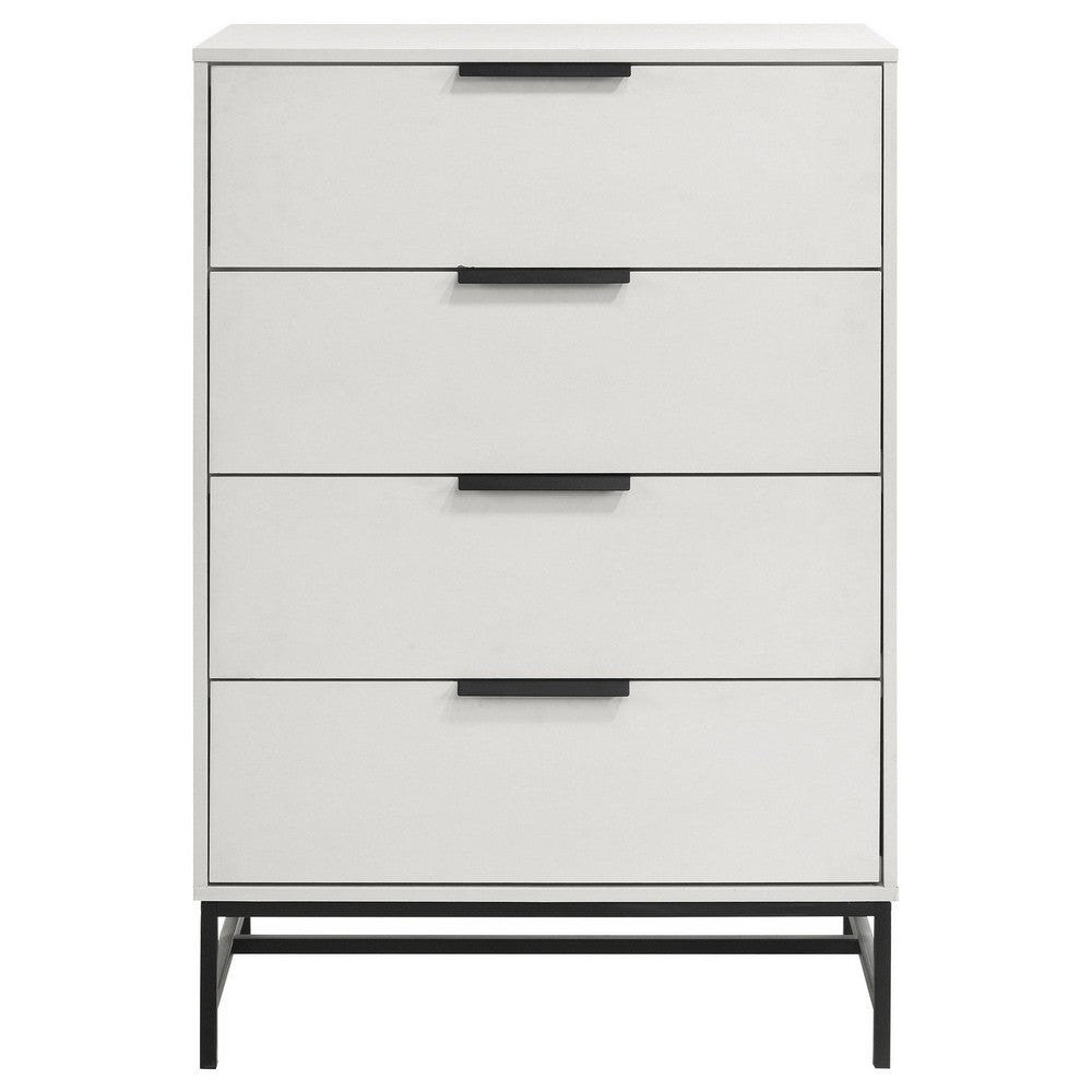 Noro Tall Dresser Chest, 4 Storage Drawers, Modern White, Black Metal