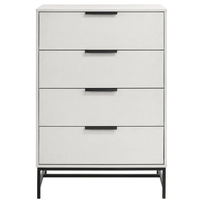 Noro Tall Dresser Chest, 4 Storage Drawers, Modern White, Black Metal