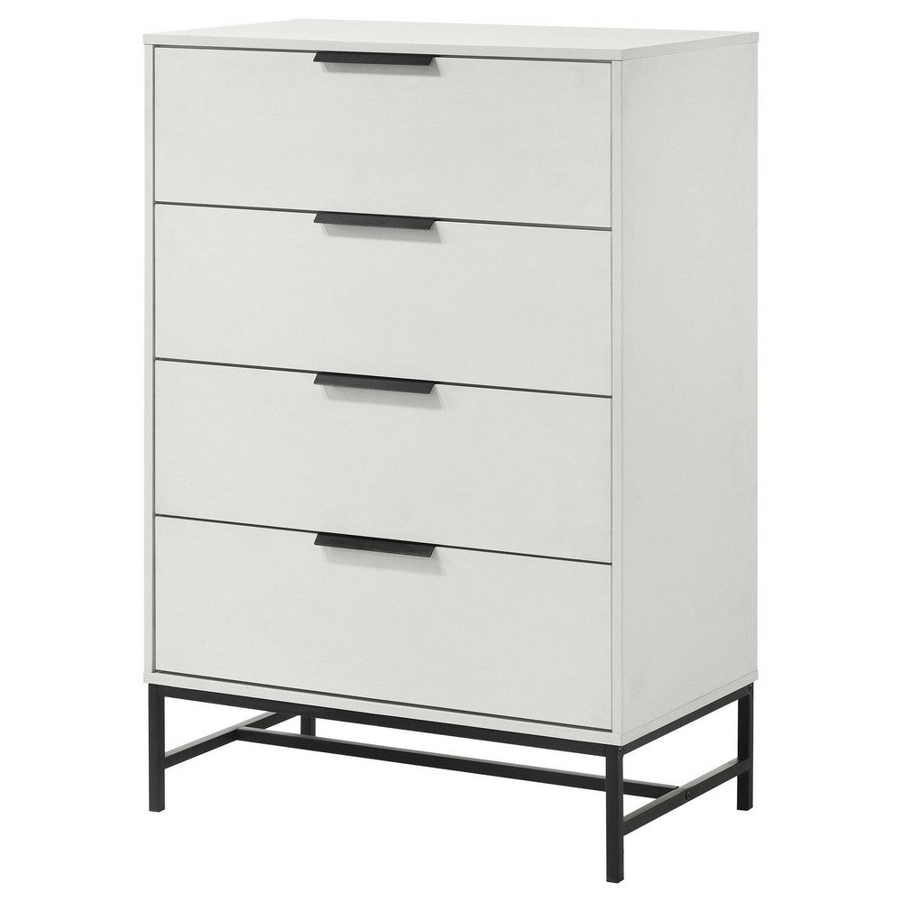 Noro Tall Dresser Chest, 4 Storage Drawers, Modern White, Black Metal