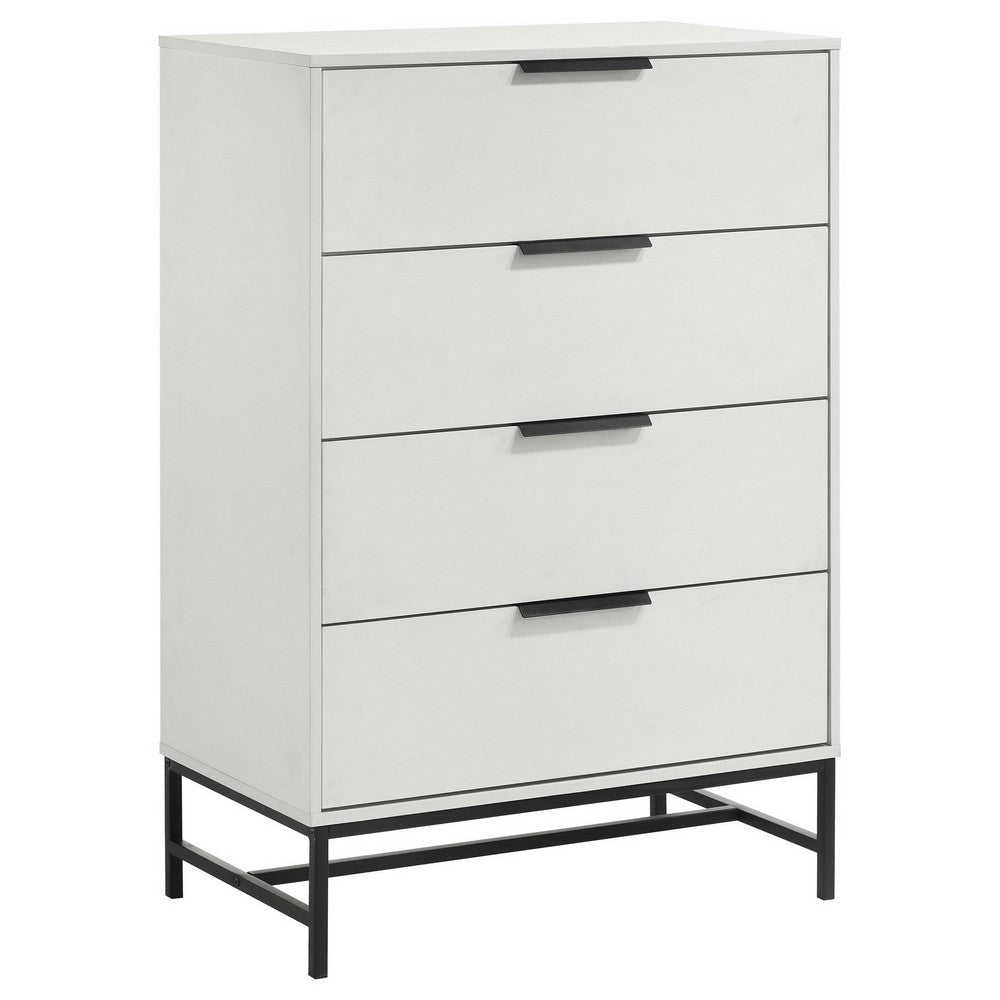 Noro Tall Dresser Chest, 4 Storage Drawers, Modern White, Black Metal