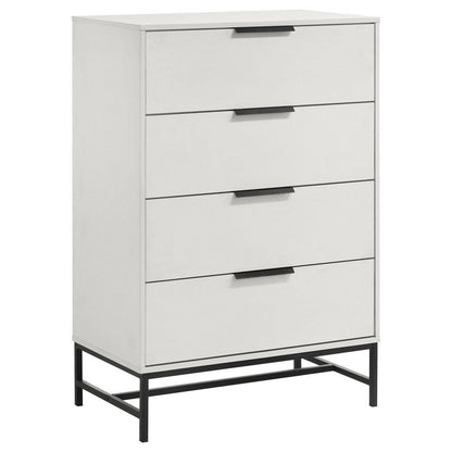 Noro Tall Dresser Chest, 4 Storage Drawers, Modern White, Black Metal