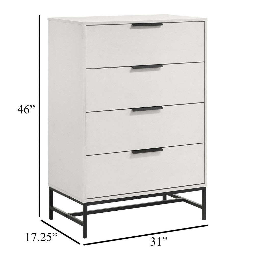 Noro Tall Dresser Chest, 4 Storage Drawers, Modern White, Black Metal