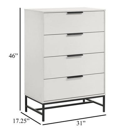 Noro Tall Dresser Chest, 4 Storage Drawers, Modern White, Black Metal