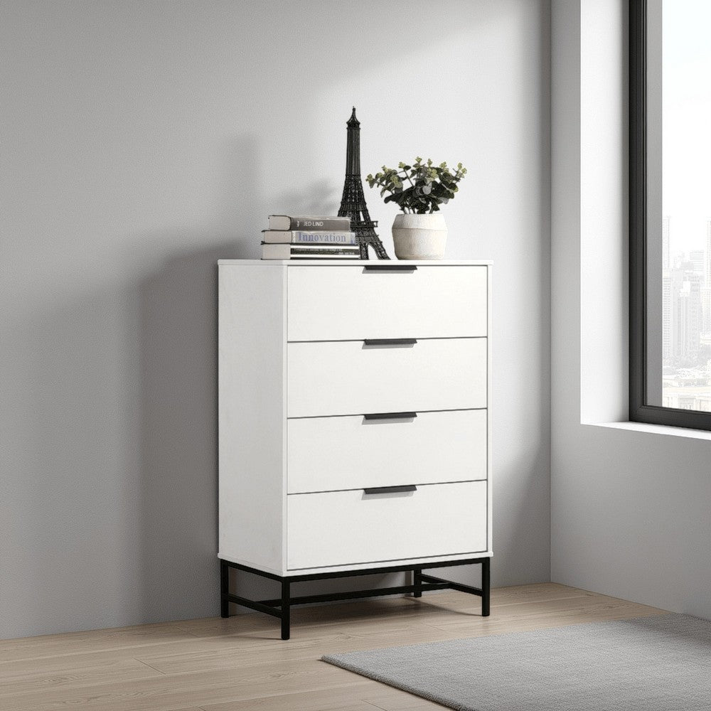 Noro Tall Dresser Chest, 4 Storage Drawers, Modern White, Black Metal