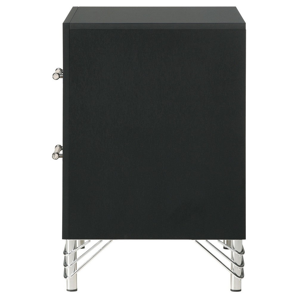 Jenny Nightstand, 24 Inch 2 Drawers and Chrome Accents, Modern Black