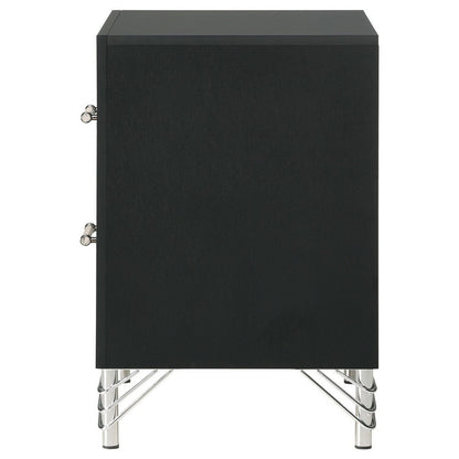 Jenny Nightstand, 24 Inch 2 Drawers and Chrome Accents, Modern Black
