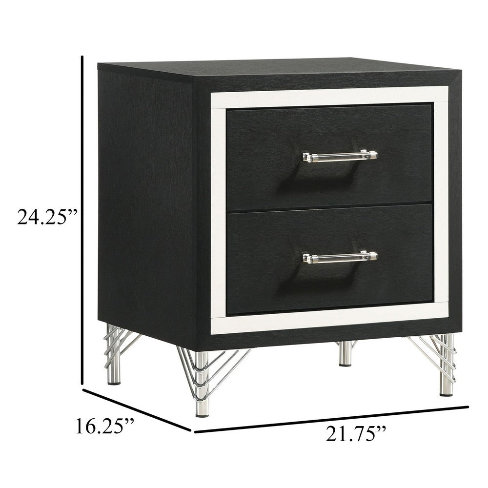 Jenny Nightstand, 24 Inch 2 Drawers and Chrome Accents, Modern Black