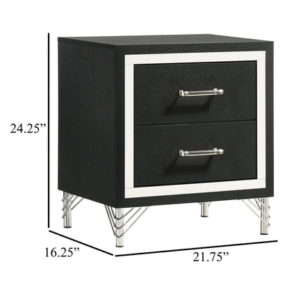 Jenny Nightstand, 24 Inch 2 Drawers and Chrome Accents, Modern Black