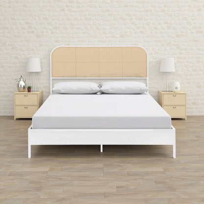 Ammy Queen Bed, Radio Weave Headboard, Brown Faux Rattan, White Metal
