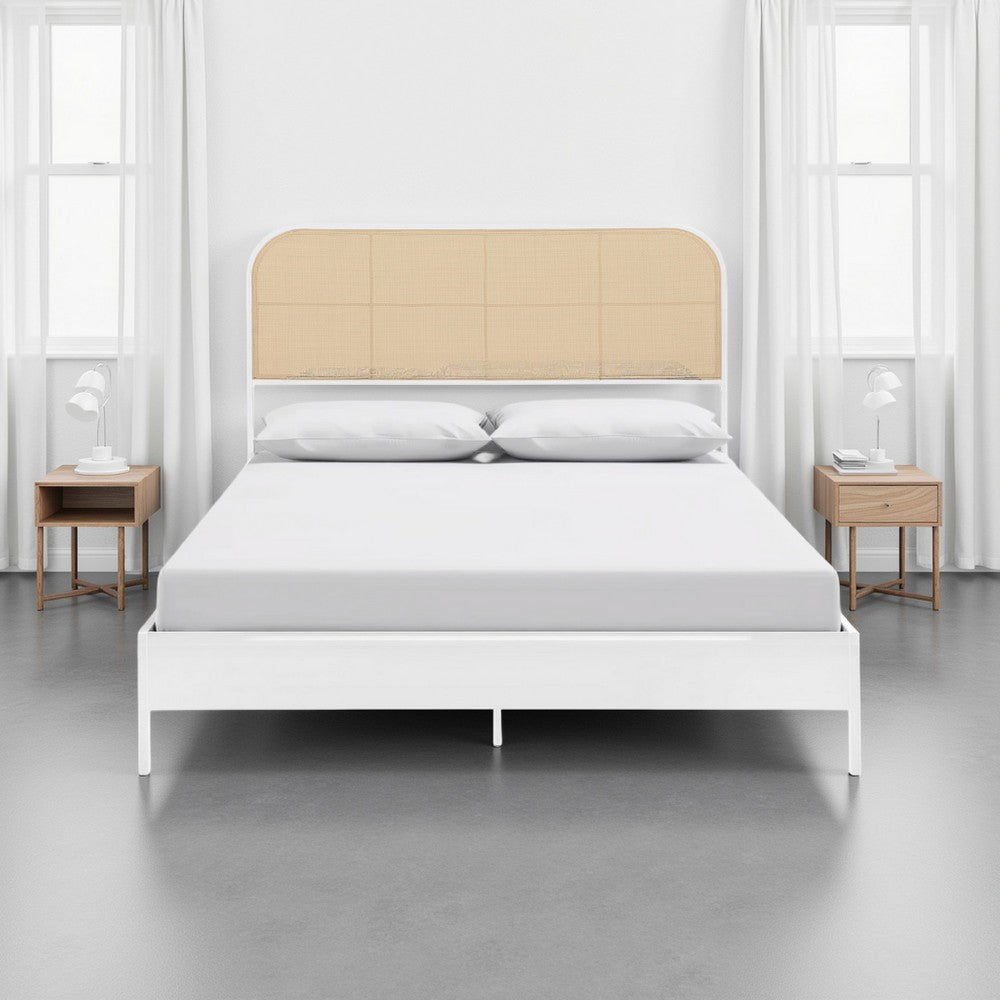 Ammy King Bed, Radio Weave Headboard, Brown Faux Rattan, White Metal