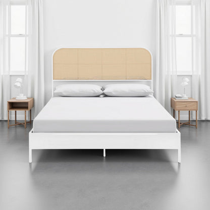 Ammy King Bed, Radio Weave Headboard, Brown Faux Rattan, White Metal