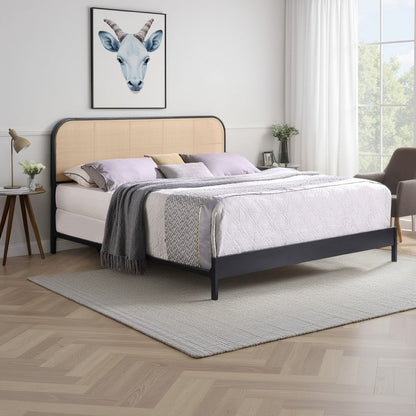 Ammy King Bed, Radio Weave Headboard, Brown Faux Rattan, Black Metal