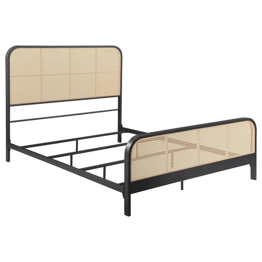 Lanie Queen Bed with Brown Open Cane Webbing Faux Rattan, White Metal