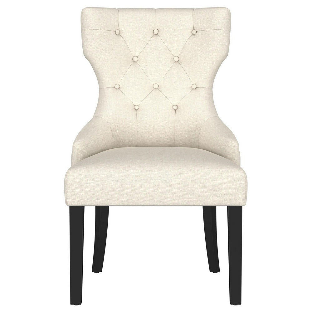 Aney Dining Side Chair, Curved Barrel Design, Beige Fabric, Black Wood