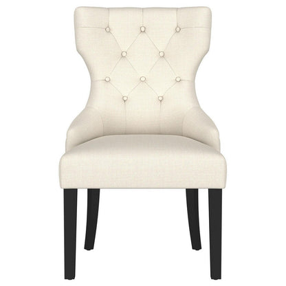 Aney Dining Side Chair, Curved Barrel Design, Beige Fabric, Black Wood