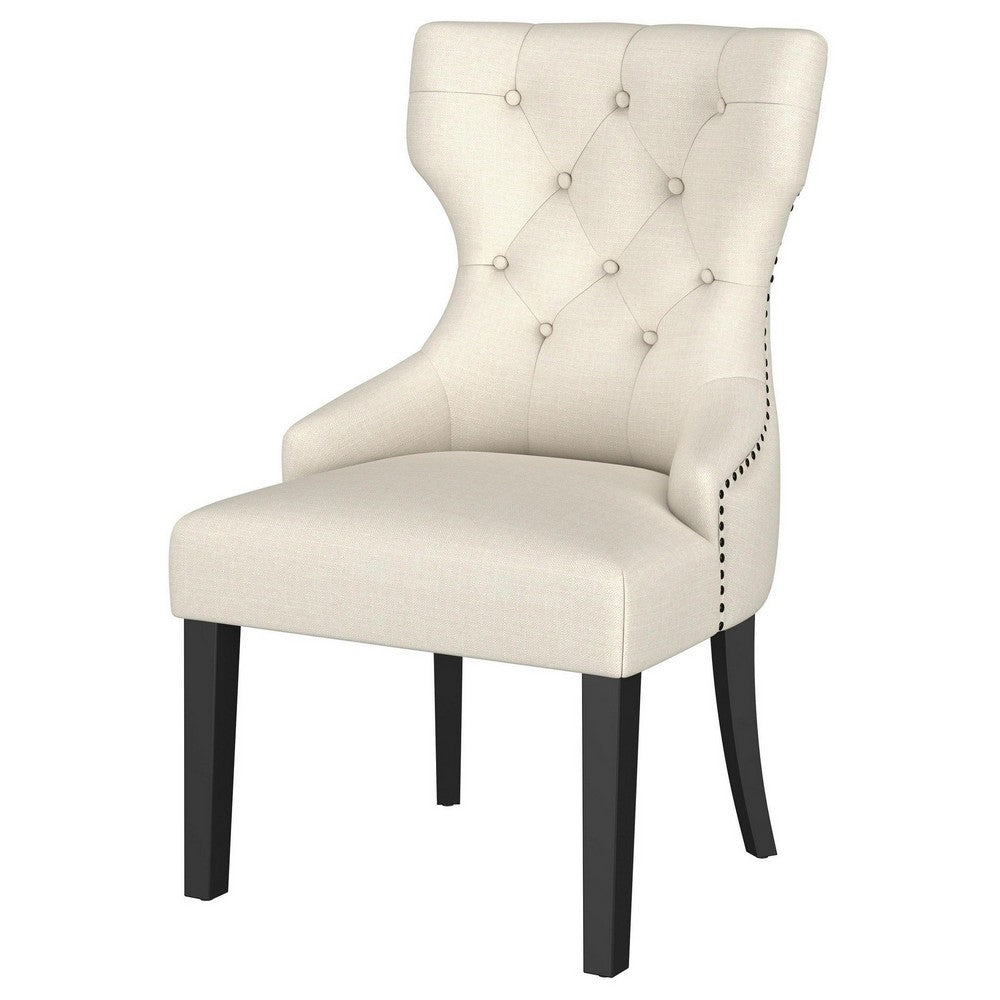 Aney Dining Side Chair, Curved Barrel Design, Beige Fabric, Black Wood