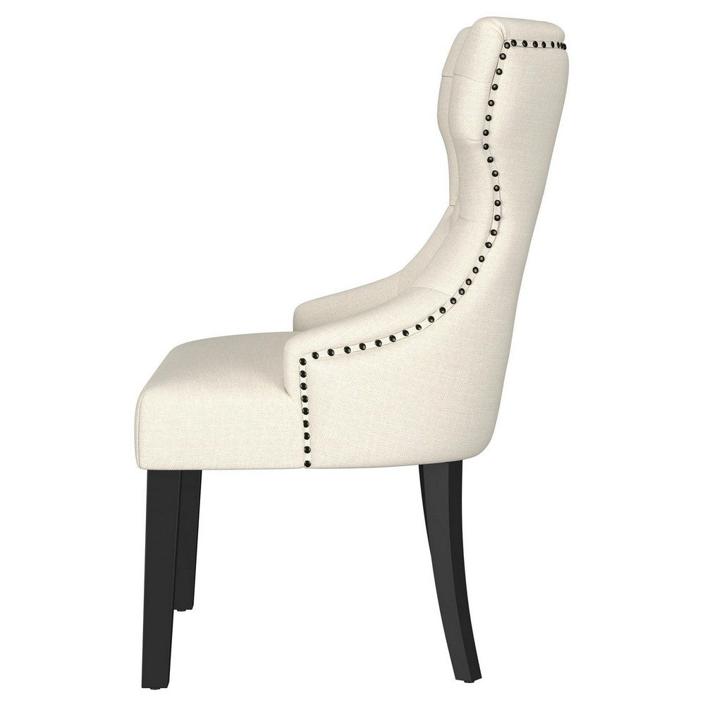 Aney Dining Side Chair, Curved Barrel Design, Beige Fabric, Black Wood