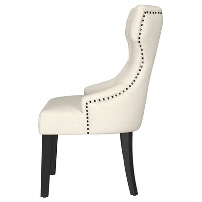 Aney Dining Side Chair, Curved Barrel Design, Beige Fabric, Black Wood