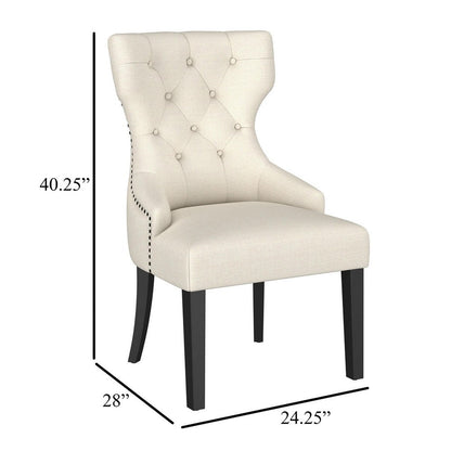 Aney Dining Side Chair, Curved Barrel Design, Beige Fabric, Black Wood