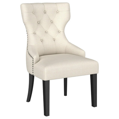Aney Dining Side Chair, Curved Barrel Design, Beige Fabric, Black Wood