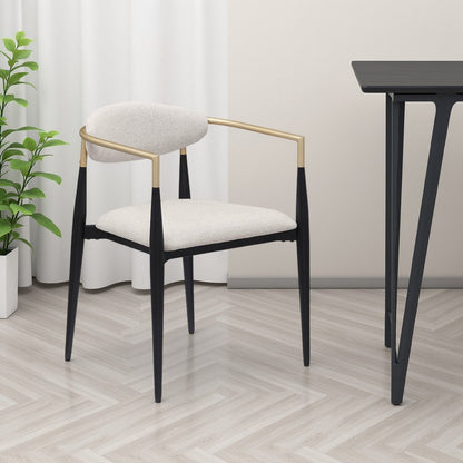 Jexy Dining Armchair Set of 2, Barrel Back, Black Metal, Beige Seat