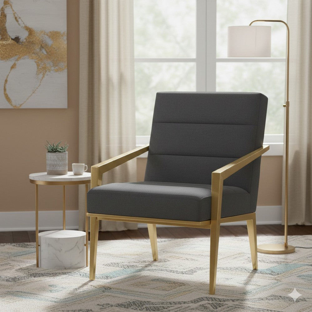 Kiara Accent Chair, Channel Tufted Dark Gray Fabric, Gold Metal Frame