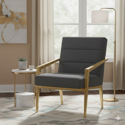 Kiara Accent Chair, Channel Tufted Dark Gray Fabric, Gold Metal Frame