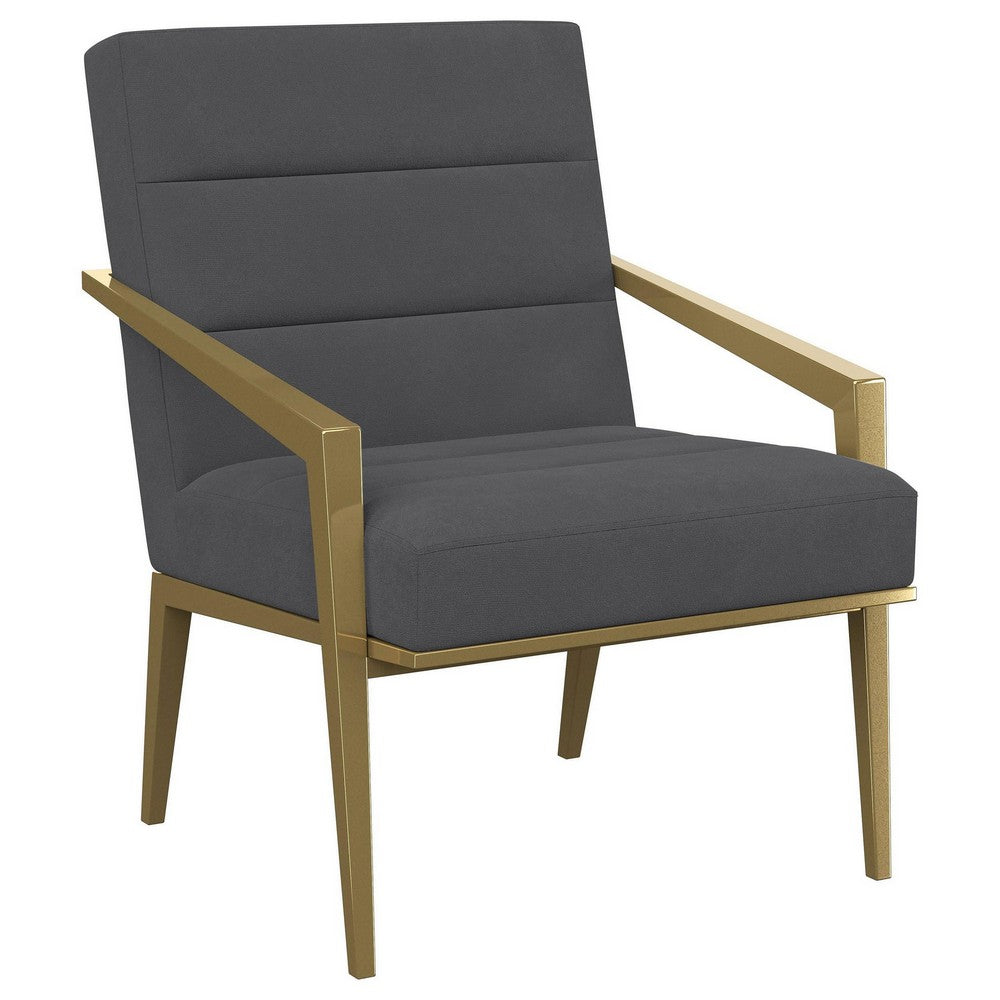 Kiara Accent Chair, Channel Tufted Dark Gray Fabric, Gold Metal Frame