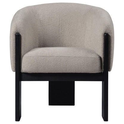 Vala Accent Chair, Modern Plush Beige Boucle Barrel Back, Black Wood