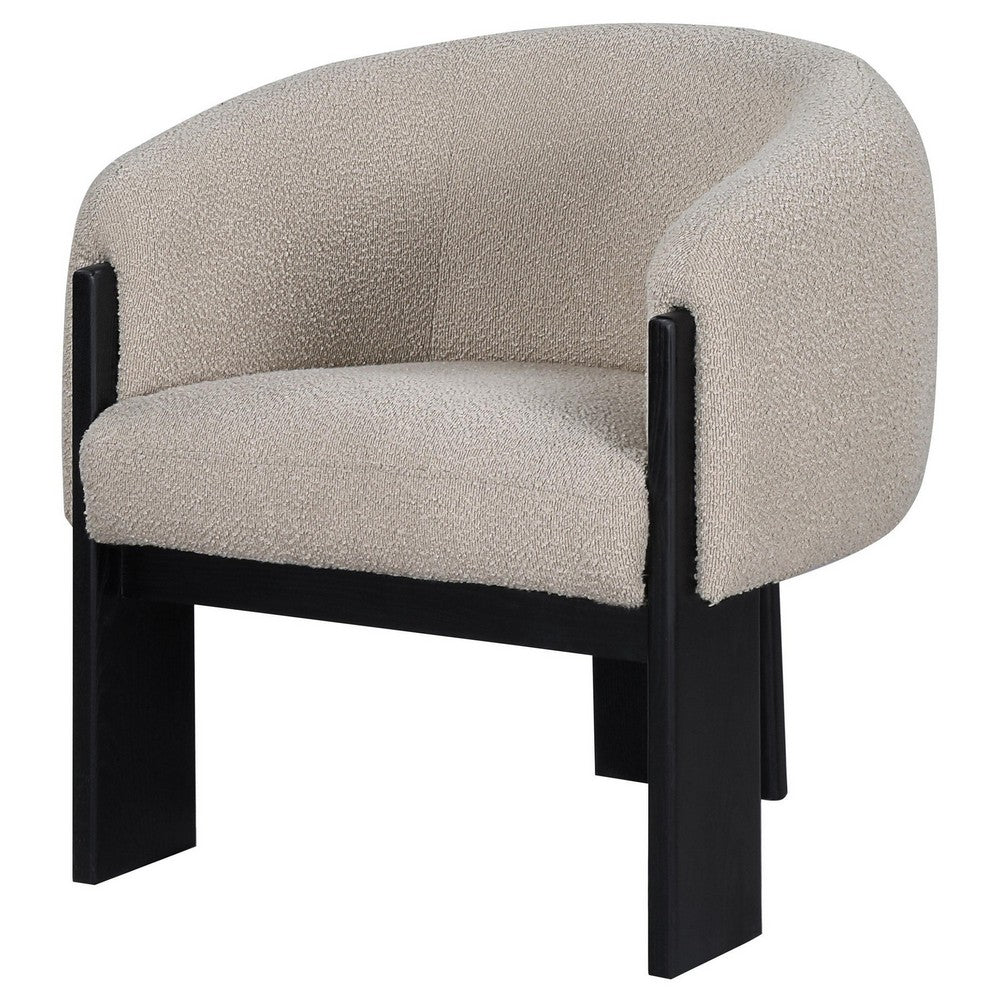 Vala Accent Chair, Modern Plush Beige Boucle Barrel Back, Black Wood
