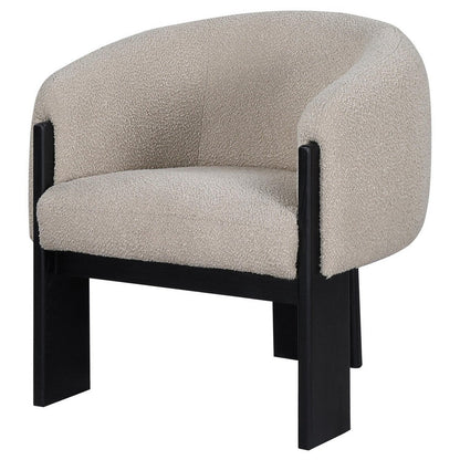 Vala Accent Chair, Modern Plush Beige Boucle Barrel Back, Black Wood