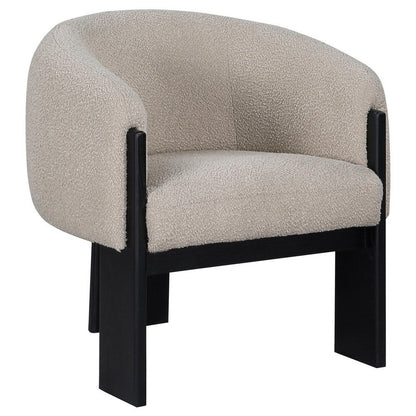 Vala Accent Chair, Modern Plush Beige Boucle Barrel Back, Black Wood