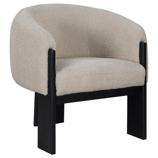 Vala Accent Chair, Modern Plush Beige Boucle Barrel Back, Black Wood